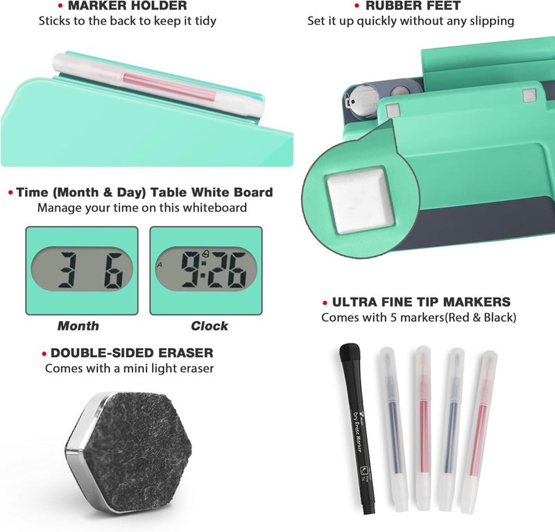 TOWON Small Glass Desk Whiteboard Dry-Erase Board with Clock, Small Travel Clock Keychain with Desk Notepad, Time Table Whiteboard for Desk Digital LED Light Display, 8x6 in with Accessories, Turquoise - Image 3